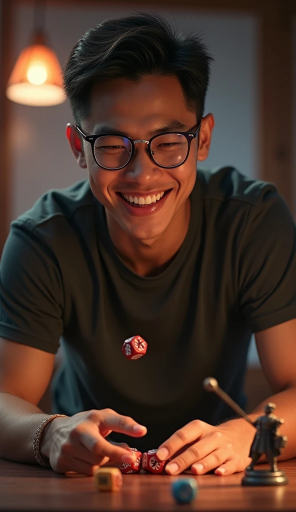 photorealistic, best quality, masterpiece, extremely detailed, front view, extremely handsome, 30 year old borneo man, athletic build, no facial hair, glasses, wearing nerdy tshirt, huge smile, standing and throws dice while playing warhammer miniatures , extremely romantic atmosphere, perfect face, perfect fingers, perfect hands, perfection