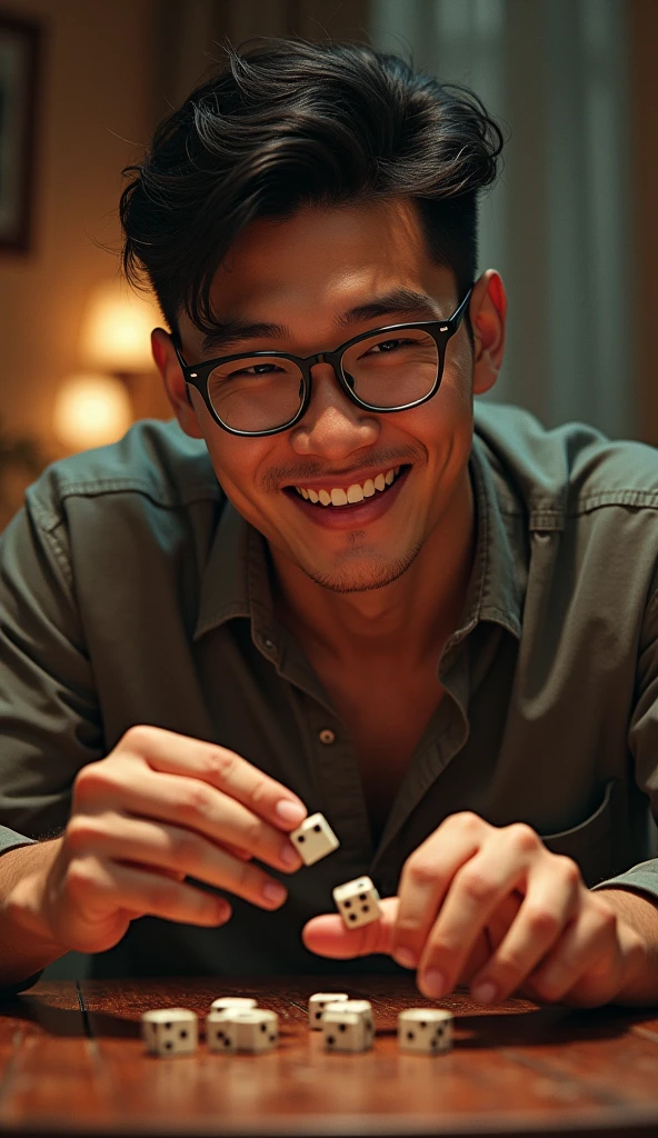 photorealistic, best quality, masterpiece, extremely detailed, front view, extremely handsome, 30 year old borneo man, athletic build, no facial hair, glasses, wearing nerdy tshirt, huge smile, standing and throws dice while playing warhammer miniatures , extremely romantic atmosphere, perfect face, perfect fingers, perfect hands, perfection