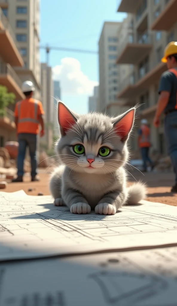 "A cat named Whiskers examining building plans at a construction site."