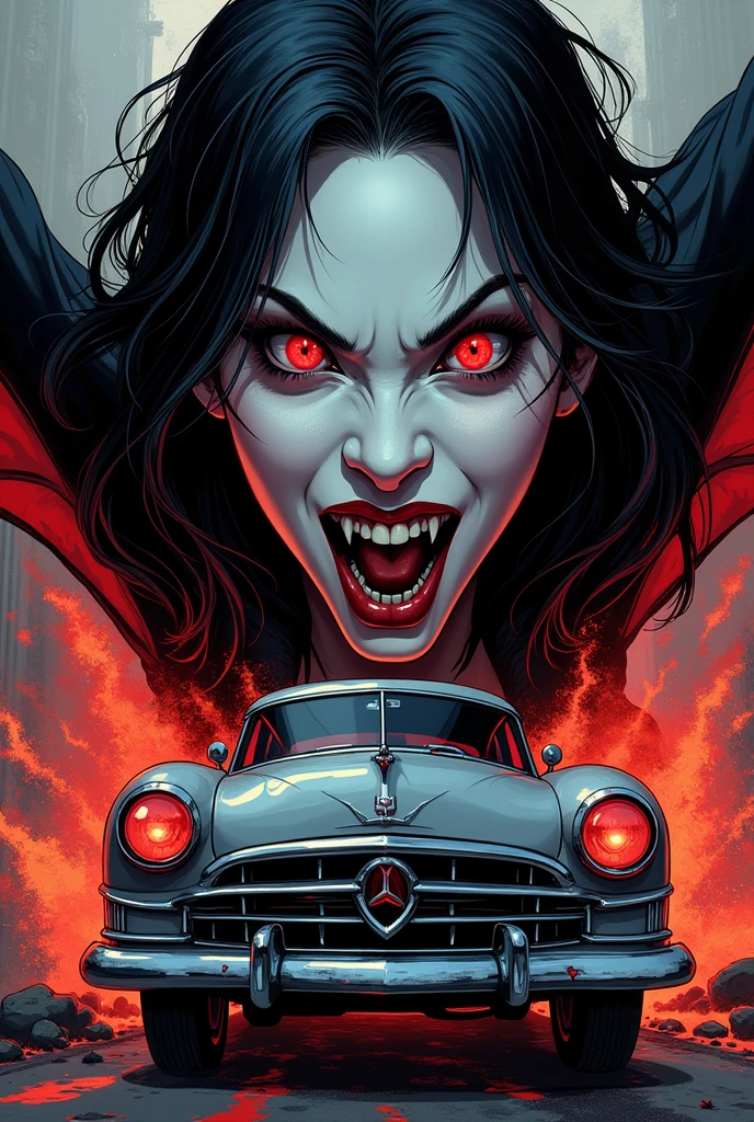animation comic if a blood hungry female vampire was a car, incorporate female vampire head, vampire fangs