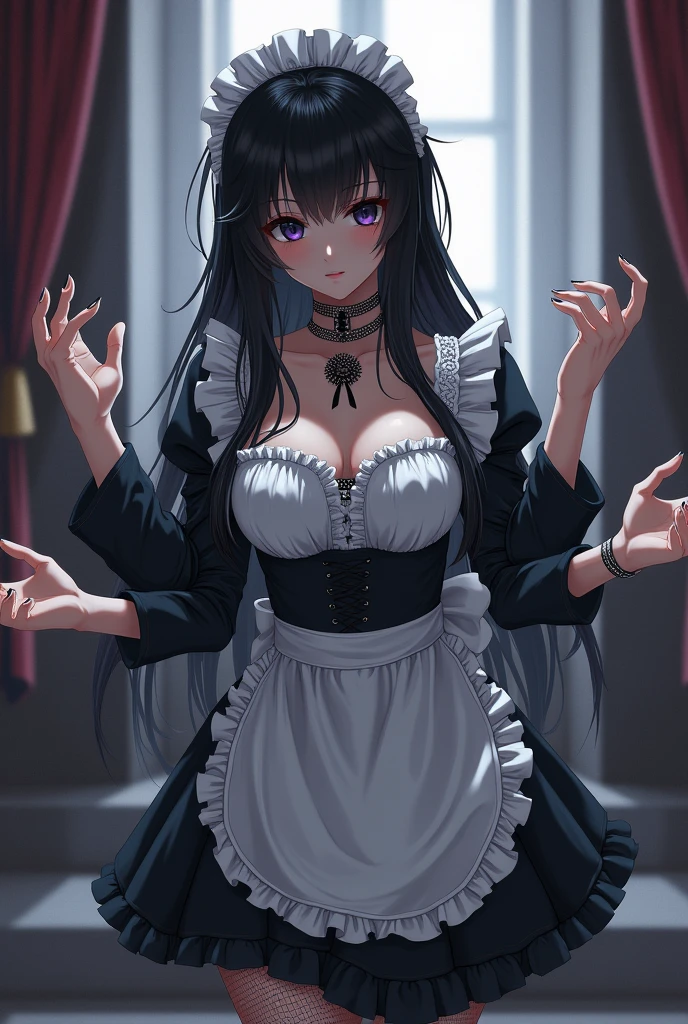 Beautiful black short haired anime woman,cuerpo standard,normal breasts/standard,Wide hips,thick thighs,wide rear,eyes of completely black colol,traditional maid outfit,3 pairs of arms.