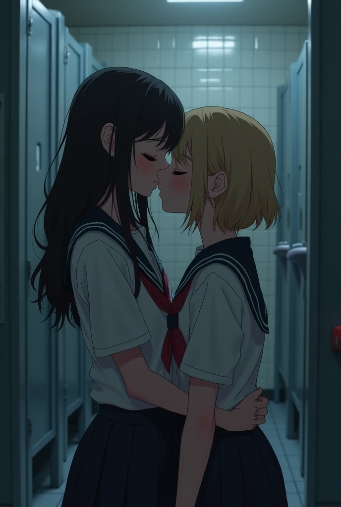 In school bathroom, short 13 year old girl kissing taller 13 year old girl