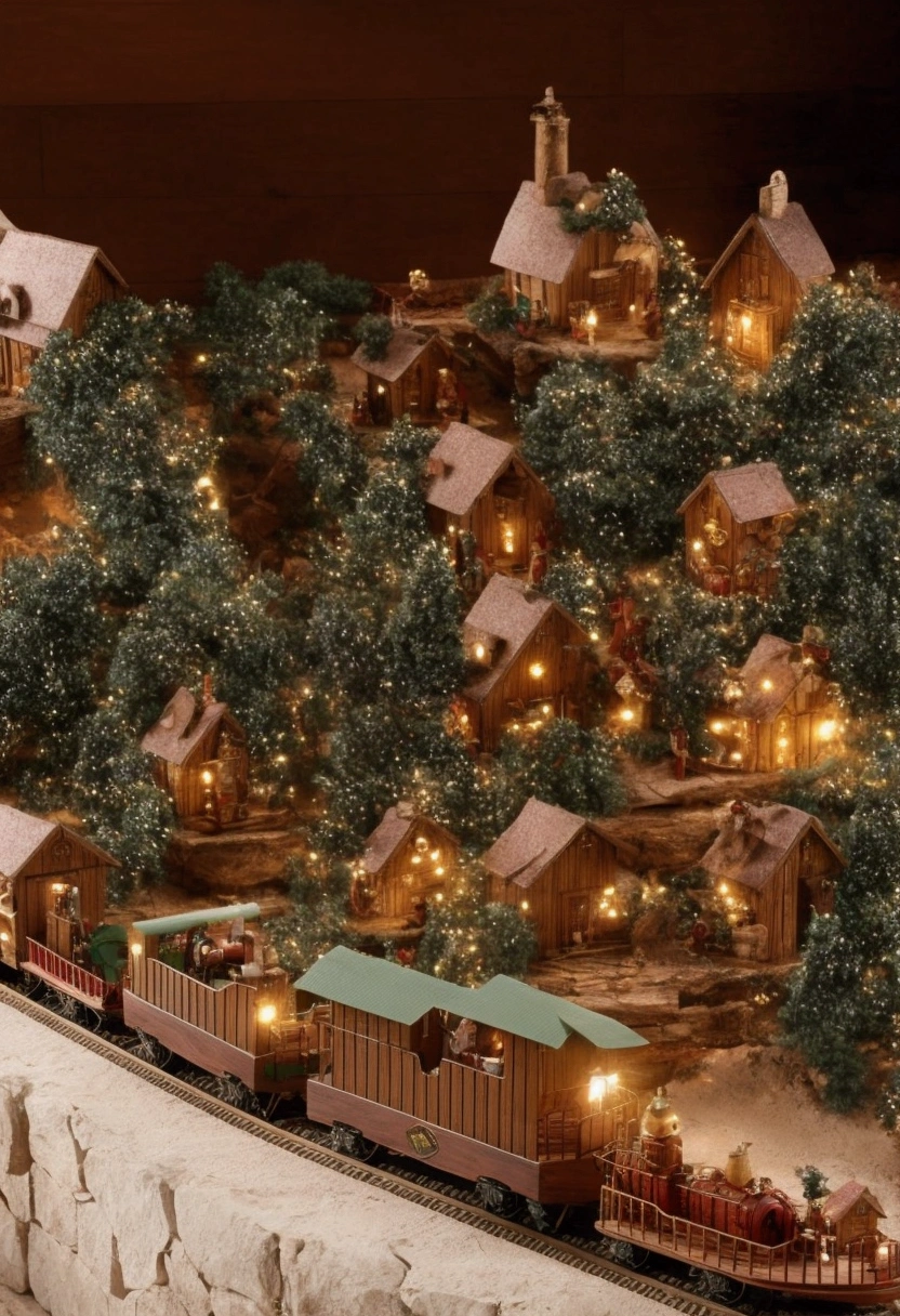 There are only two rows of wooden houses surrounding a small wooden train running in the middle.