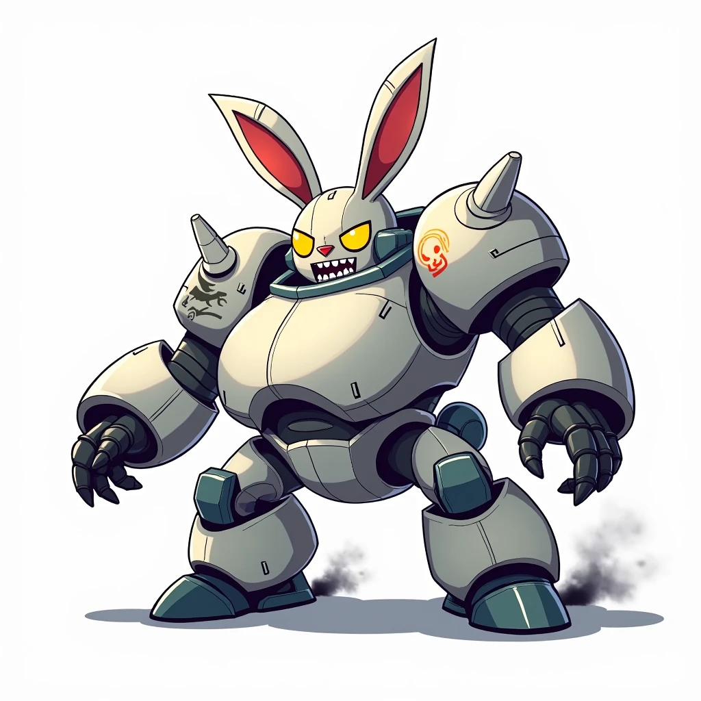 cel shaded low poly character art,sharp angles,thick black outlines,vibrant colors,scott pilgrim style,my hero academia style,white background,a simple giant bunny head shaped robot,white armored chassis,fat round head,head cockpit,skinny joints, two large feet attached to head, chainsaw arm attached to head, sharp teeth,evil smile,bunny ears, wet paint white skull decal scribbled on shoulder,yellow glass cockpit, vent, exhaust, black smoke, 