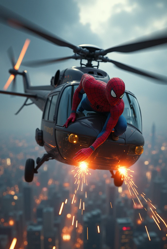 A dynamic and intense scene where Spiderman is attempting to stop a helicopter mid-flight using his immense strength. Spiderman is hovering in the air, his thrusters glowing brightly as he exerts all his power. His hand is gripping the landing ???? of the helicopter, which is struggling to break free, its rotors spinning at full speed, creating a powerful downdraft. The helicopter is tilting slightly due to Spiderman's force, with sparks flying from the metal where his hand meets the ????. The background features a cityscape below, with clouds swirling around, and the tension of the moment is palpable. The image should capture Spiderman's determination and the sheer force of the battle between man and machine, using vivid, hyper-realistic colors and sharp details.
