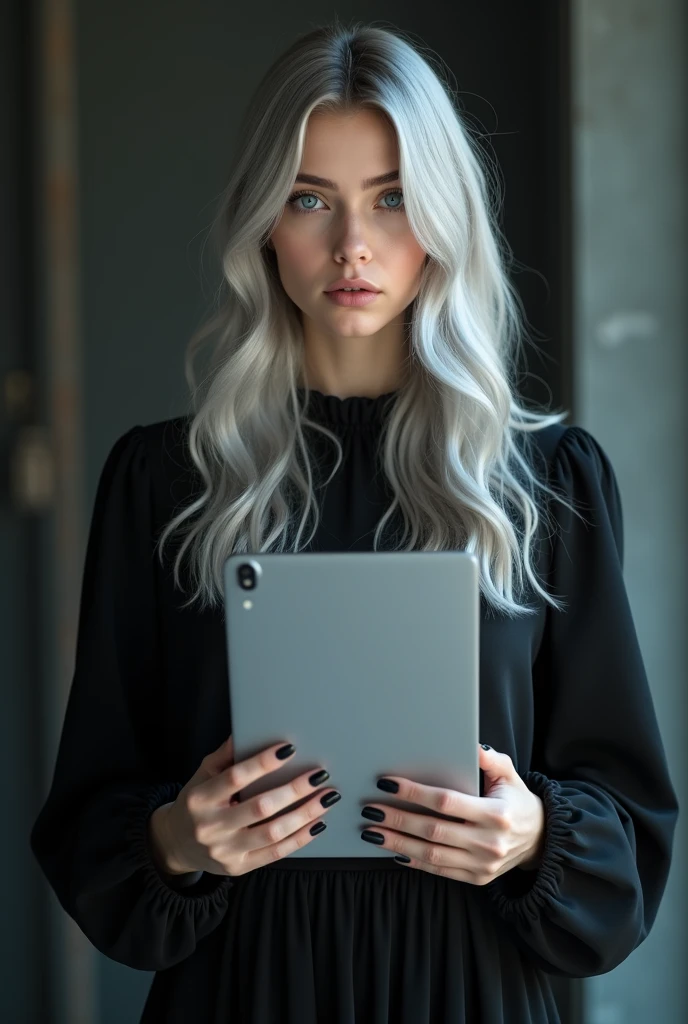 Young woman, holds a closed laptop in their hands, light gray hair, hair below the shoulders, blue shining eyes, Dreamy Girl, In a black dress, standing straight, graceful pose, black long sharp nails, looks straight into the camera, hyperrealism, realistically, Hyper-Definition, 4k