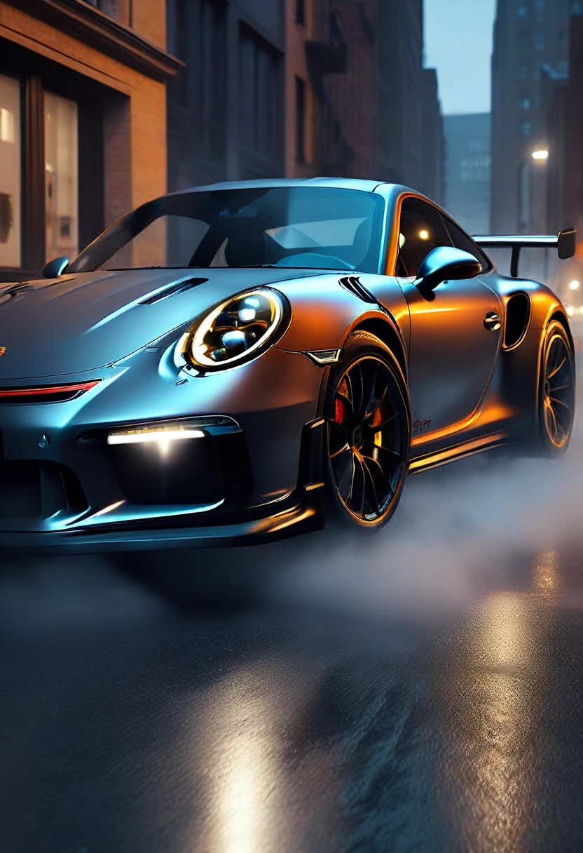 detailed hyperrealistic Porsche 911 GT3 RS, gunmetal grey, city street at night, full moon illuminates car, professional photography, dramatic lighting, cinematic mood, ultra-detailed, 8k, hyper realistic, photorealistic, sharp focus, physically-based rendering, vivid colors, chiaroscuro lighting