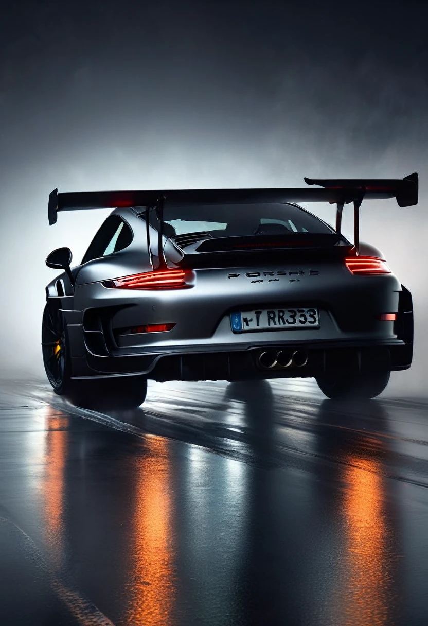 detailed hyperrealistic Porsche 911 GT3 RS, gunmetal grey, city street at night, full moon illuminates car, professional photography, dramatic lighting, cinematic mood, ultra-detailed, 8k, hyper realistic, photorealistic, sharp focus, physically-based rendering, vivid colors, chiaroscuro lighting