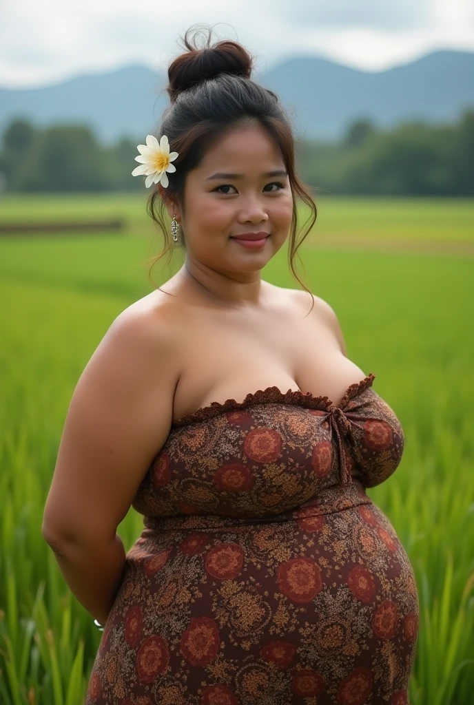 (hyperrealistic photo), exotic indonesian woman, natural beauty, plump, natural big breasts, a jasmine flower on her ear, tied bun hair, knee-lenght batik tubedress with intricate javanese details, looking at the viewer, natural light, wide angle full-body shot, indonesian rice farm in the background,