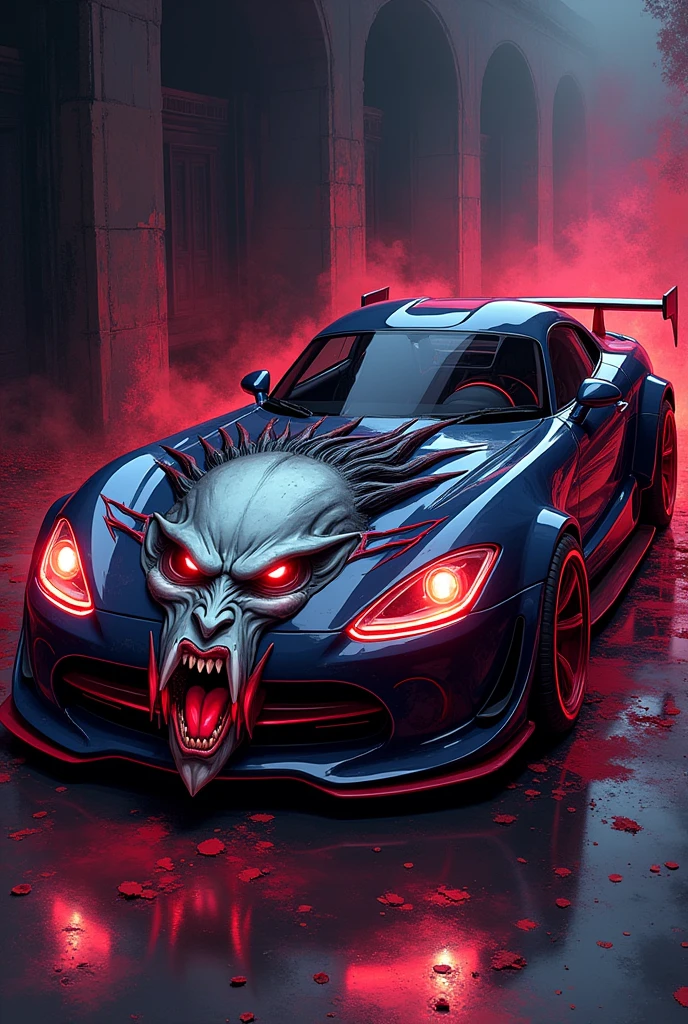 animation comic if a blood hungry female vampire was a car, incorporate female vampire head, vampire fangs
