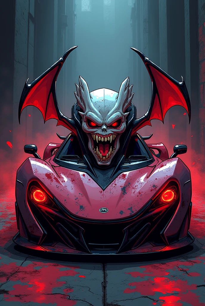 animation comic if a blood hungry female vampire was a car, incorporate female vampire head, vampire fangs