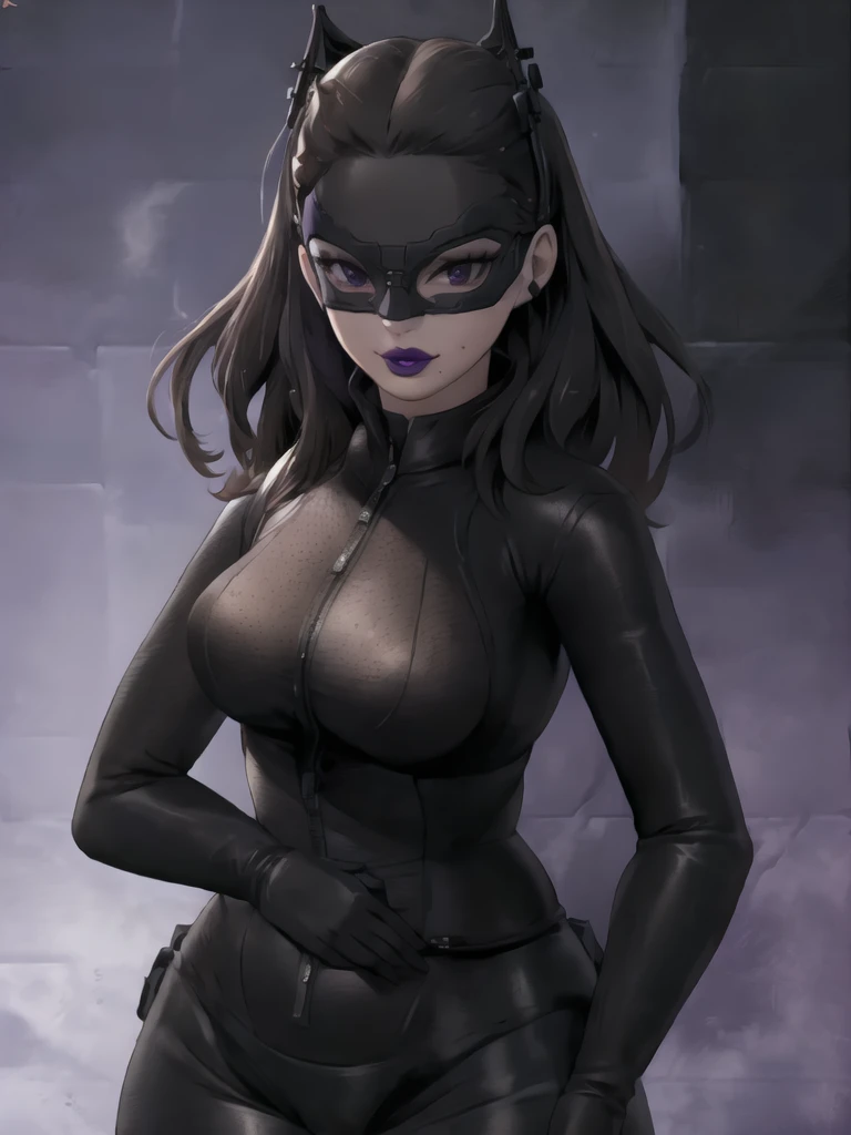 Bowei, catwoman, selina kyle, 1girl, upper body,sway hips, skinny body, skinny thighs, bodysuit, detail eyes, mask , solo, long hair, lips, black hair, black hair, black bodysuit , looking at viewer, simple background, gloves, black background, mole under mouth, eyeshadow, hands on hips, black bodysuit,leather, latex, purple lips, 8k detailed,