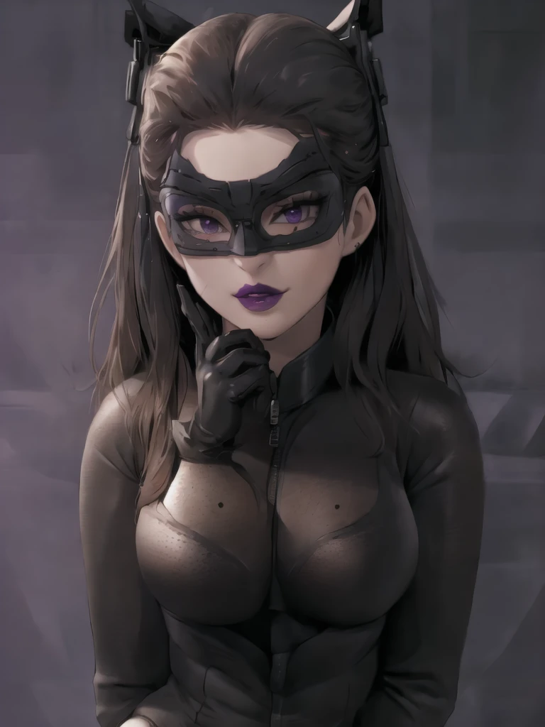 Bowei, catwoman, selina kyle, 1girl, upper body,sway hips, skinny body, skinny thighs, bodysuit, detail eyes, mask , solo, long hair, lips, black hair, black hair, black bodysuit , looking at viewer, simple background, gloves, black background, mole under mouth, eyeshadow, hands on hips, black bodysuit,leather, latex, purple lips, 8k detailed,