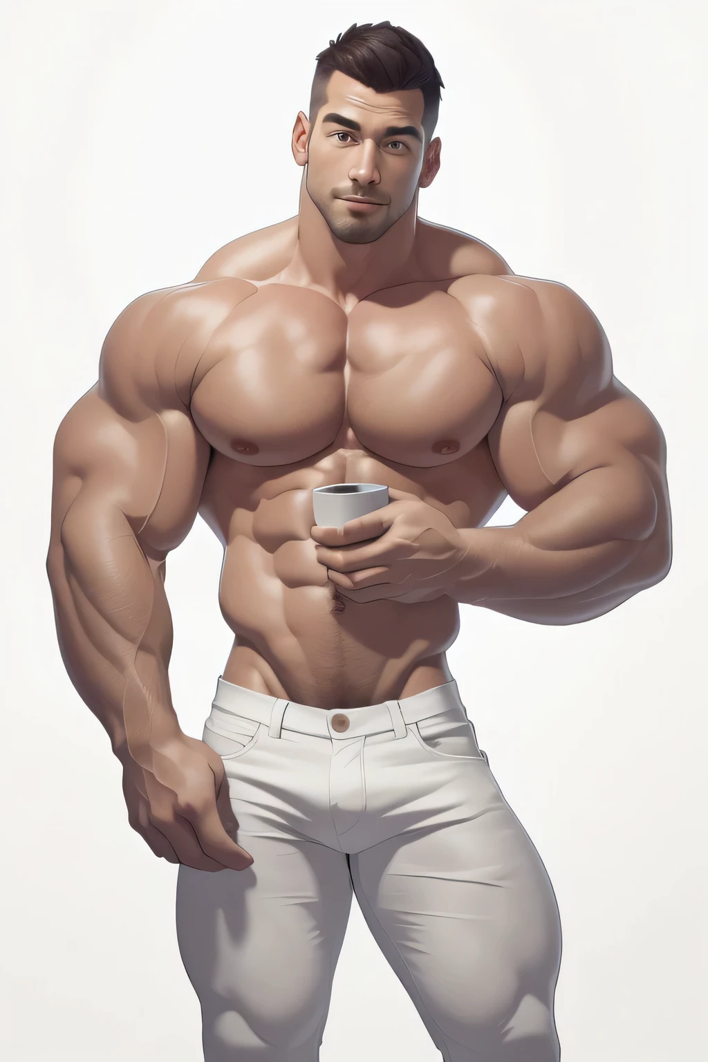 masterpiece, handsome , clear face and eyes, best quality, muscular, bara, mature male, shirtless,short haircut, large pectorals,holding a cup of coffee, wearing white jeans, thick eyebrows,white background