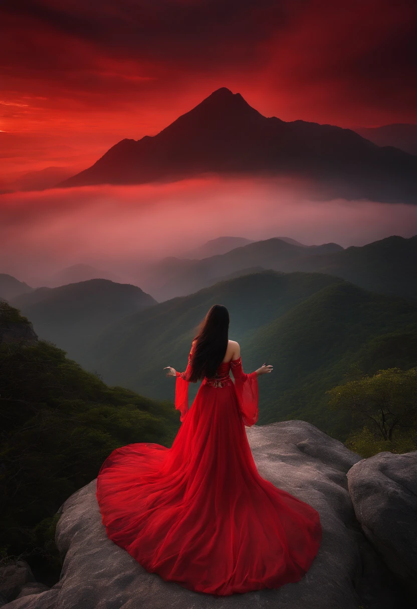 best quality,masterpiece,Ultra-high resolution,(truthfully:4：0),crimson sky,Rock,Chinese female ghost,Long flowing hair,Large Breasts,wearing red, amazing, Off-shoulder dress,graceful steps,long sharp claws.,red mist billowing