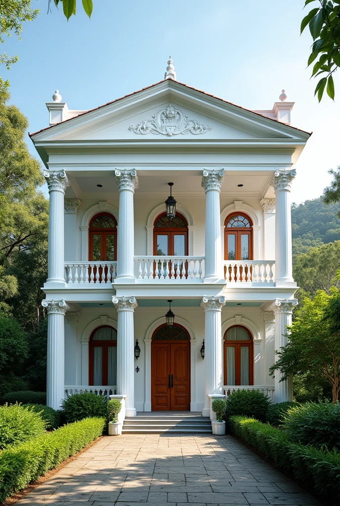 4-storey house in Vietnam. Neoclassical style combined with Lim wood. White paint.