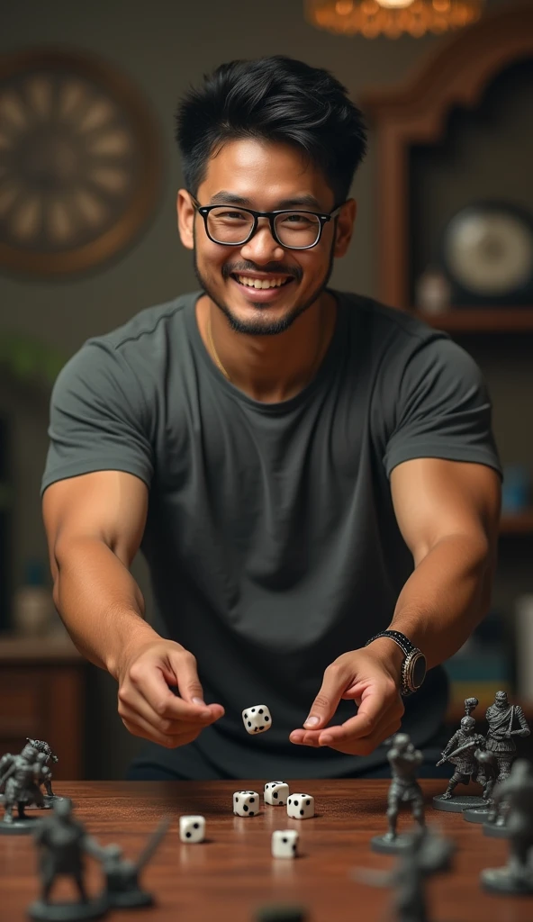 photorealistic, best quality, masterpiece, extremely detailed, front view, extremely handsome, 30 year old indonesian man, muscular build, no facial hair, small glasses, wearing nerdy tshirt, huge smile, throws dice while standing, warhammer miniatures on the table, extremely romantic atmosphere, perfect face, perfect fingers, perfect hands, perfection