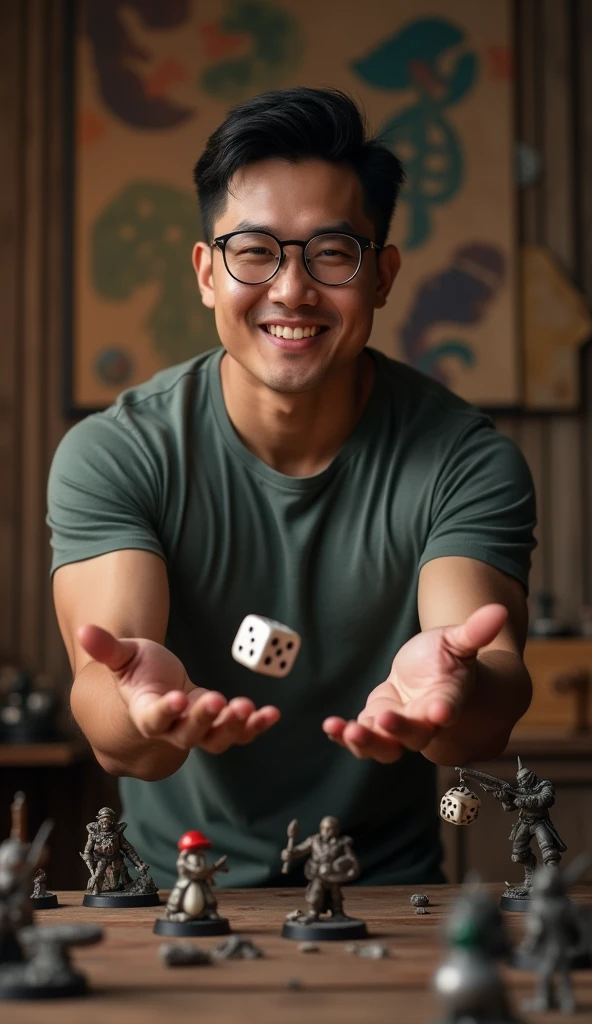 photorealistic, best quality, masterpiece, extremely detailed, front view, extremely handsome, 30 year old indonesian man, muscular build, no facial hair, small glasses, wearing nerdy tshirt, huge smile, throws dice while standing, warhammer miniatures on the table, extremely romantic atmosphere, perfect face, perfect fingers, perfect hands, perfection