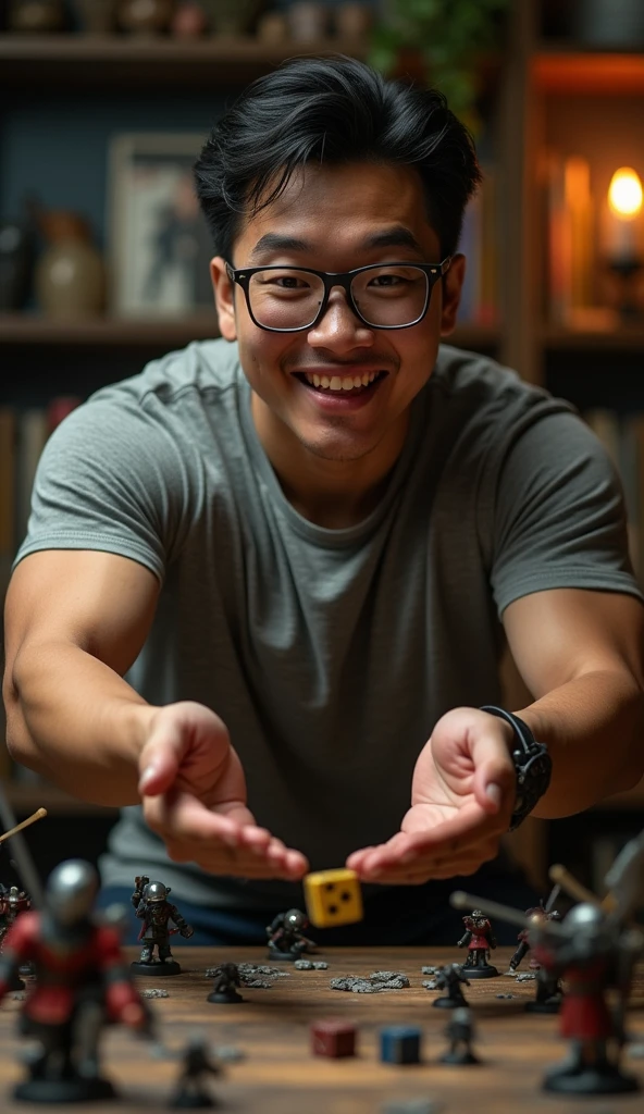 photorealistic, best quality, masterpiece, extremely detailed, front view, extremely handsome, 30 year old indonesian man, muscular build, no facial hair, small glasses, wearing nerdy tshirt, huge smile, throws dice while standing, warhammer miniatures on the table, extremely romantic atmosphere, perfect face, perfect fingers, perfect hands, perfection