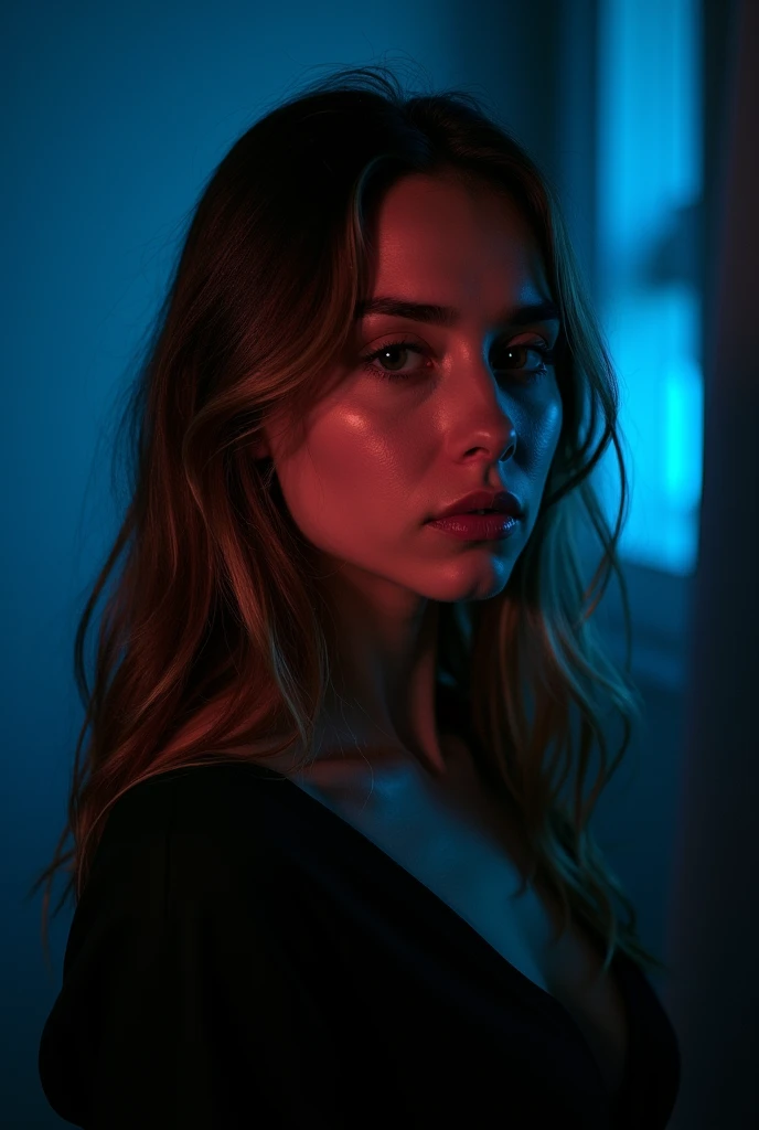 long dark blond hair, STRIKING DETAILS. red-yellow gel light, window shadows reflection from strobe light, gel light, soft glow light, A striking studio portrait of an 35-year-old slavic woman, illuminated by a dramatic mix of black and white with blue and red gel lights. A strobe light casts a soft shadow reflection in the background, enhancing the depth and mystery. Captured in a studio with a Nikon Z7 and a 50mm f/1.8 lens, the image focuses on the interplay of light and shadow with a melancholic and dreamy atmosphere., (((dynamic model pose))), full body, mesmerizing, dynamic, dramatic, dynamic pose, highly detailed skin with hair, subcutaneous veins, light and shadow play, highly detailed,24mm photograph, bokeh, professional, 4k,