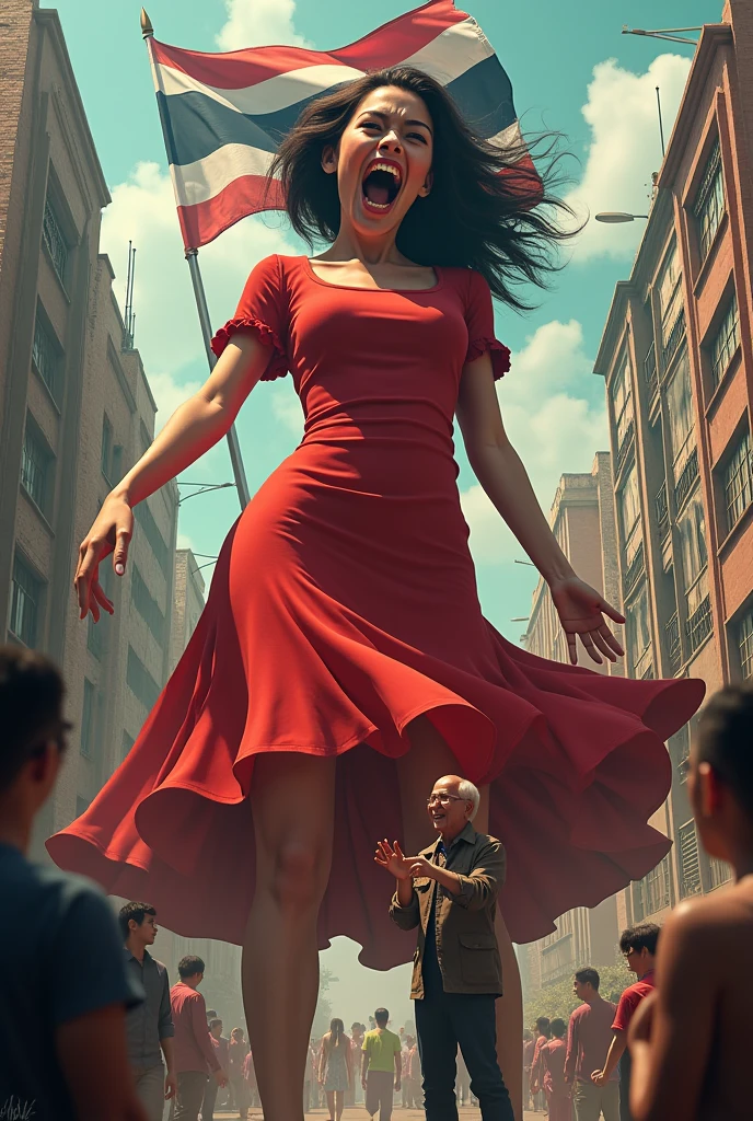 3d illustration of an ugly young woman in a red dress Laughing like crazy, like a crazy person, eating the house, eating the city, becoming the leader of the country, the Thai flag.
There are pictures of many people who are frightened.
The old man stood and clapped his hands in hate.
wear red clothes