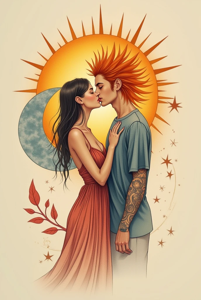 Create a tattoo design that depicts a romantic scene where a female figure, representing the Sun, and a male figure, symbolizing the Moon, are sharing a French kiss. The female Sun has simple, straight hair, and both figures have stylized, celestial features. In the background, larger versions of the Sun and Moon are subtly visible, adding depth to the design. The overall style should be minimalist yet detailed, with smooth lines and a harmonious blend of warm and cool tones to capture the contrast between the Sun and Moon.