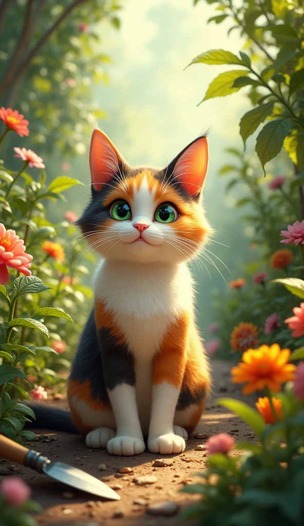"A garden-loving cat named Whiskers with plants and gardening tools."