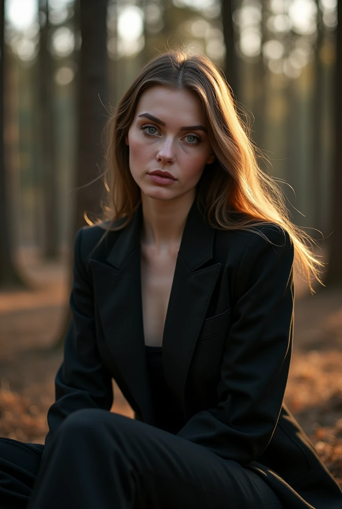 long light brown hair, beautiful Slavic woman with white skin and light transparent eyes, long hair, dressed in a black stylish suit, sits in a spruce forest on felled trees, early morning, the courtyard of a rural house, the sun's rays and glare fall on her coldly smiling face., enhancing the depth and mystery. Captured in a studio with a Nikon Z7 and a 50mm f/1.8 lens, the image focuses on the interplay of light and shadow with a melancholic and dreamy atmosphere., (((dynamic model pose))), full body, mesmerizing, dynamic, dramatic, dynamic pose, highly detailed skin with hair, subcutaneous veins, light and shadow play, highly detailed,24mm photograph, bokeh, professional, 4k,