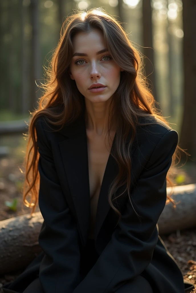 long light brown hair, beautiful Slavic woman with white skin and light transparent eyes, long hair, dressed in a black stylish suit, sits in a spruce forest on felled trees, early morning, the courtyard of a rural house, the sun's rays and glare fall on her coldly smiling face., enhancing the depth and mystery. Captured in a studio with a Nikon Z7 and a 50mm f/1.8 lens, the image focuses on the interplay of light and shadow with a melancholic and dreamy atmosphere., (((dynamic model pose))), full body, mesmerizing, dynamic, dramatic, dynamic pose, highly detailed skin with hair, subcutaneous veins, light and shadow play, highly detailed,24mm photograph, bokeh, professional, 4k,