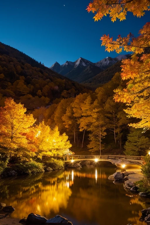 Mountain、autumn leaves、night