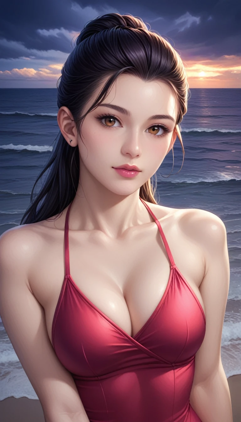 score_9, score_8_superior, score_7_superior, High-resolution CG illustration,A masterpiece in 32K resolution,Highest quality,it is really amazing,Very detailed,Ultra-high resolution,Ultra-realistic,Realistic,Increased depth of field,Cinematic lighting,
Sexy mature Japan woman,
Very short black hair,Showing his forehead,Ultra-detailed and beautiful face,Calm and gentle look,Beautiful brown eyes,Translucent white skin,Realistic skin texture,Great proportions,
Elegant red swimsuit,
Simple design,Chic color scheme based on red,Detailed fabric texture,
(Dark overcast sky on a dull night:1.1),(Dark clouds filling the sky:1.1),Thundercloud,Coastline at night,Stormy seas,delay々A desolate sandy beach that continues,
Beautiful cleavage,High angle,