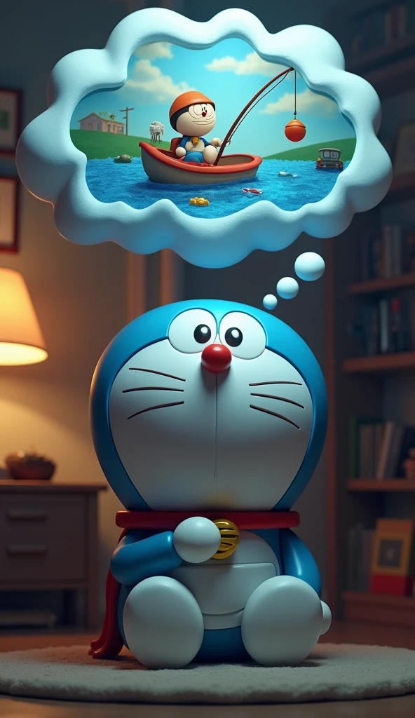 Doraemon sat in the room, reflecting on the unexpected and memorable adventure., 
Create a thought cloud  ( I am currently fishing.) hình 3d