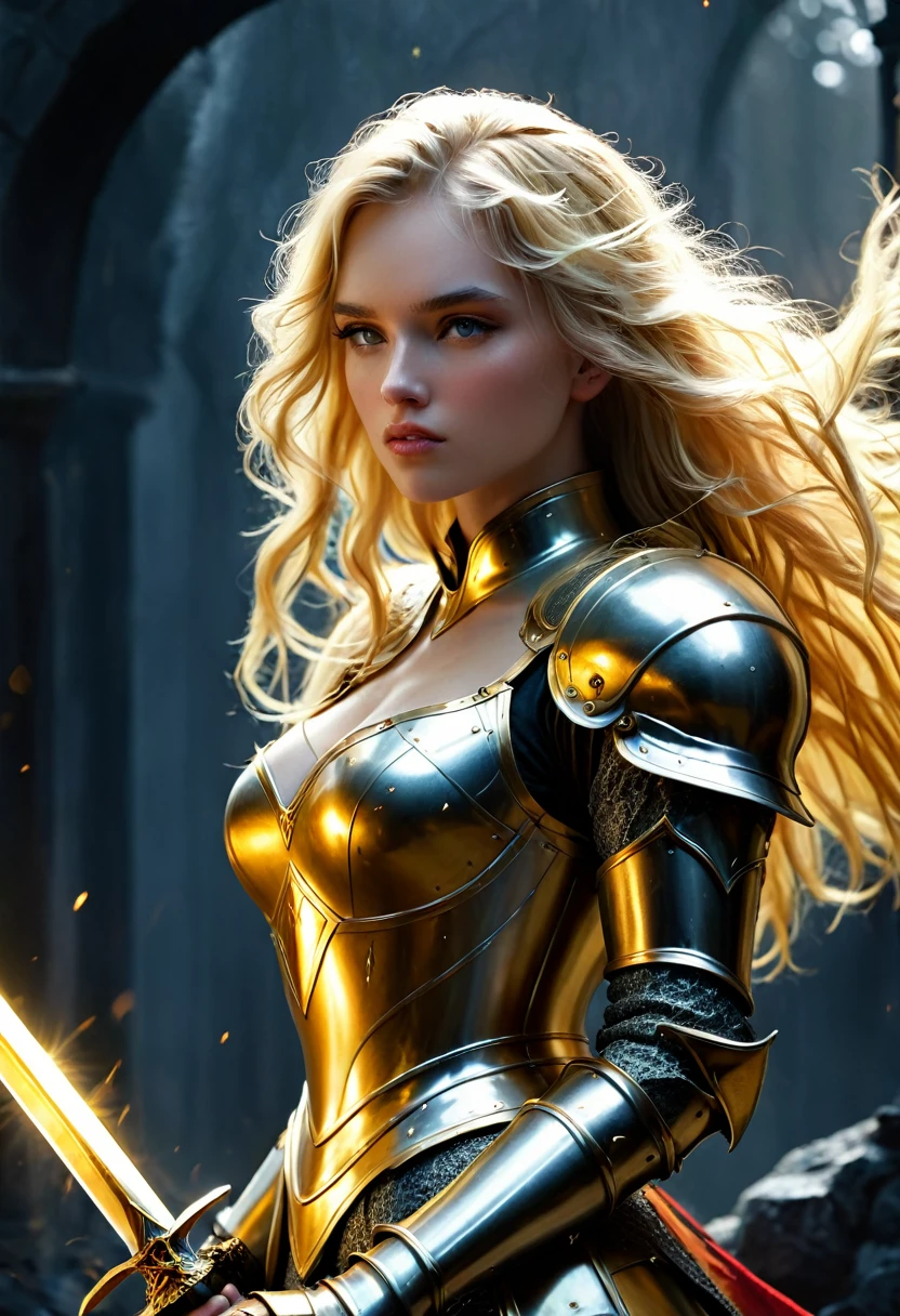 In the primeval jungle,A beautiful blonde Saint Seiya is standing in a striking posture。She wore a suit of shining golden armor,The armor is decorated with exquisite patterns and designs.,Reflecting the faint light of sunlight。Her blond hair was wet and stuck to her shoulders and back.,The fine rain formed small drops on the ends of her hair,As her breath trembled slightly。Her face showed a firm and resolute expression.,The blue eyes are as eye-catching as the deep lake。
Her figure is curvy and powerful,The plump and enchanting curves are particularly charming against the armor.。She held her sword firmly in her hand.,The sword flashes with a cold light,Seems ready to take on challenges。The surrounding jungle was washed fresher by the intensive rain.,The water on the ground is flashing with tiny spots of light,Forming a vivid natural picture。Vivid details of the picture,The whole scene presents a vivid and realistic texture。