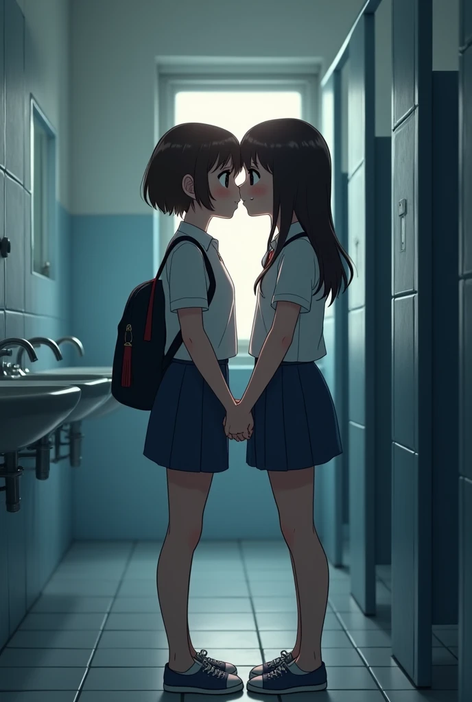 In school bathroom, short 13 year old girl, on top, kissing, 13 year old girl 