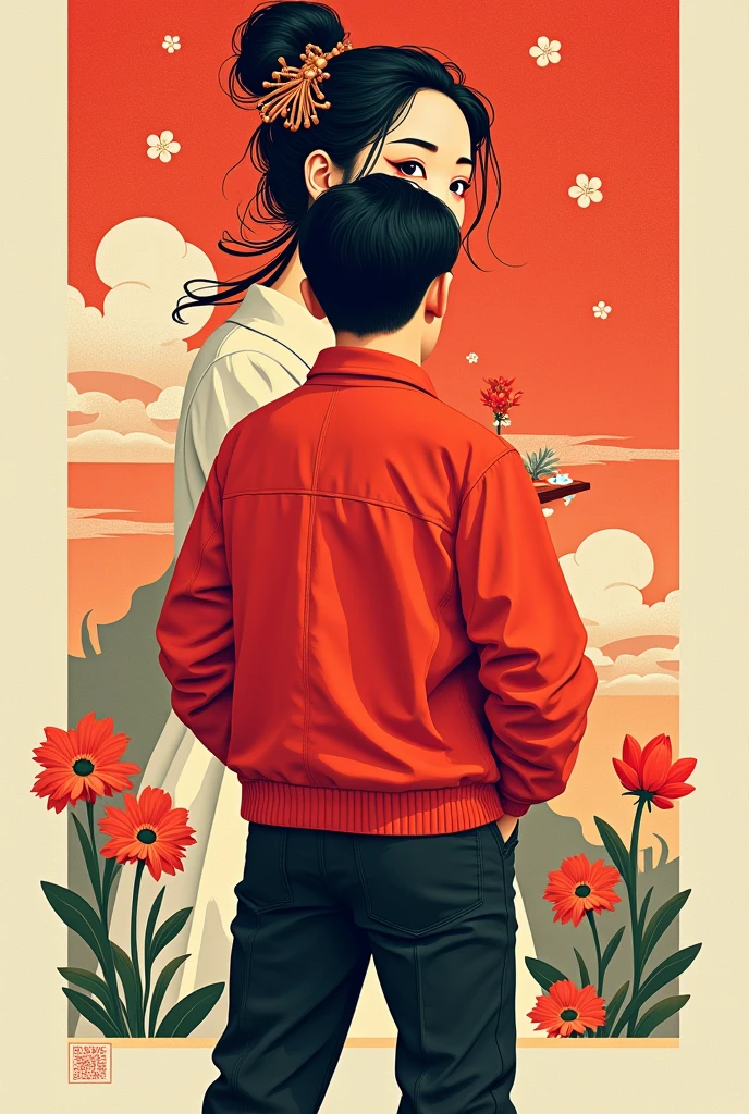 One wears a red jacket，There is a cartoon woman in Chinese above., Inspired by Huang Ji, Inspired by Yao Tingmei, Inspired by Ma Yuanyu, Inspired by Huang Gongwang, Inspired by Chen Daofu, Inspired by Cheng Jiasui, Inspired by Huayan, Inspired by Sandara, Inspired by Li Fangying