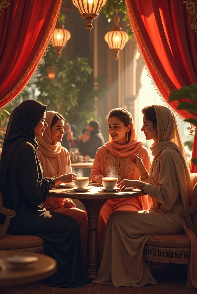 Create hd poster for Te amo Cafe with background arabic ladies weared abaya drinking cuppuccino