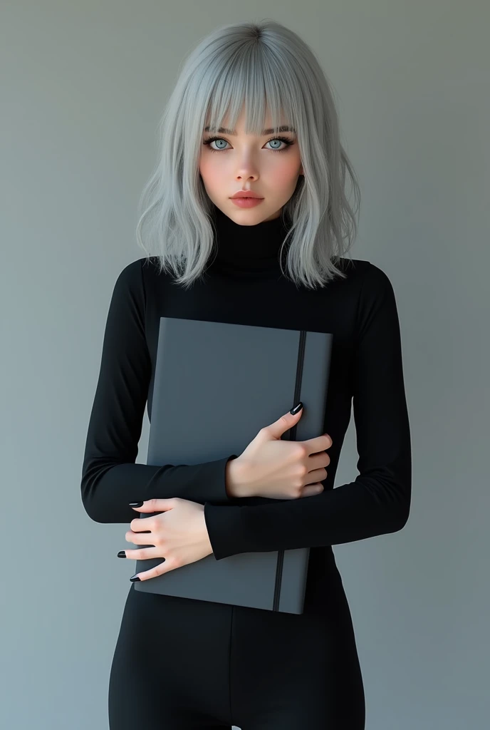 Young woman, holds a closed laptop in their hands, light gray hair, hair below the shoulders, blue shining eyes, in a black top and black pants, standing straight, graceful pose, black long sharp nails, looks straight into the camera, hyperrealism, realistically, Hyper-Definition, 4k