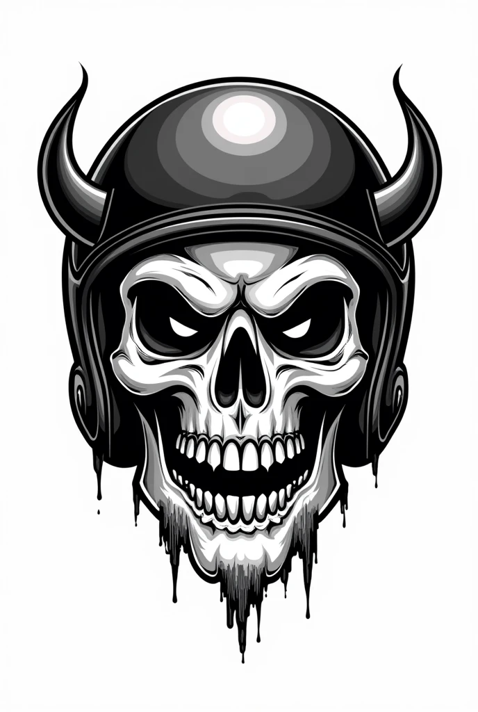 Silly Angry evil Skull in a racing helmet logo, with devil horn, traditional tattoo style, black and white, white background, more trash