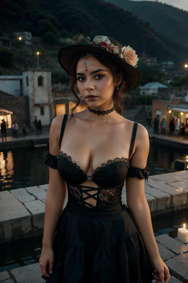 centre composition. subject low in picture. Dias de los Muertos revealing La Catrina costume. alluring sexy sensual woman wearing Day Of The Dead face make-up, standing on high dam top above mexico village. vintage photograph. 8k cinematic. hyper-realistic. 