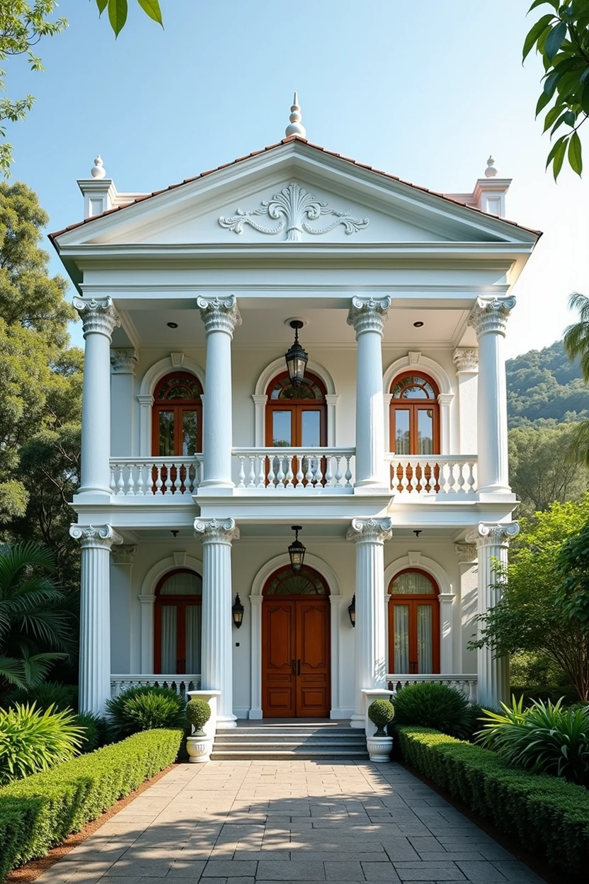 4-storey house in Vietnam. Neoclassical style combined with Lim wood. White paint.