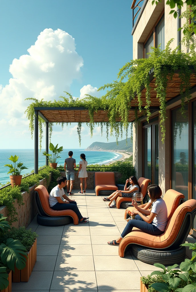 a space on the roof of the UNFV in the faculty of CIVIL ENGINEERING that is located near the sea, made from recyclable materials, chairs made from car tires but already beautiful (covered with fabric), many plants that will be placed in a PVC pipe pot, that has an awning with vines and that each skid has tube pots; I want something with students resting or chatting
