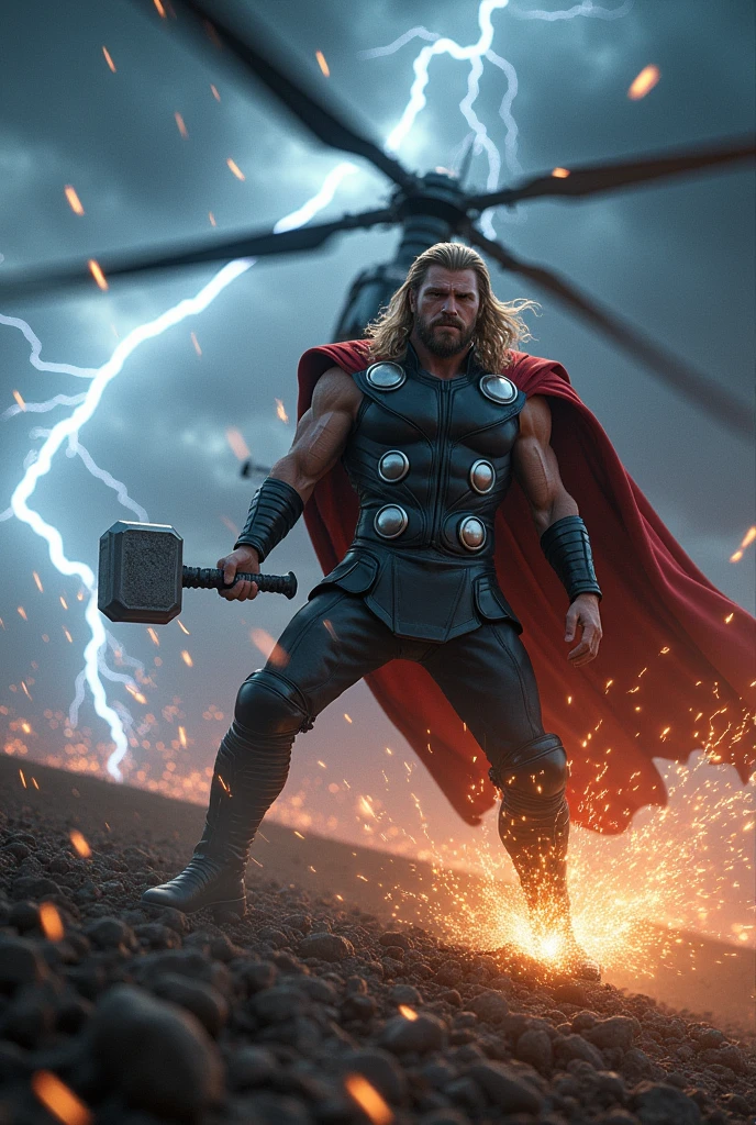 A dramatic and electrifying scene where Thor is attempting to stop a helicopter mid-flight using his godly strength. Thor is standing powerfully on the ground, one hand gripping the landing skid of the helicopter, the other holding Mjolnir, which crackles with lightning. The helicopter is straining against Thor's immense power, its rotors spinning furiously, creating a turbulent wind around him. The metal of the skid is bending under Thor's grip, with sparks and small bolts of lightning flickering where his hand meets the helicopter. The background is a stormy sky with dark clouds, flashes of lightning, and distant thunder, adding to the intensity of the scene. The image should capture Thor's divine power and the epic struggle between him and the helicopter, using vivid, hyper-realistic colors and dynamic lighting.