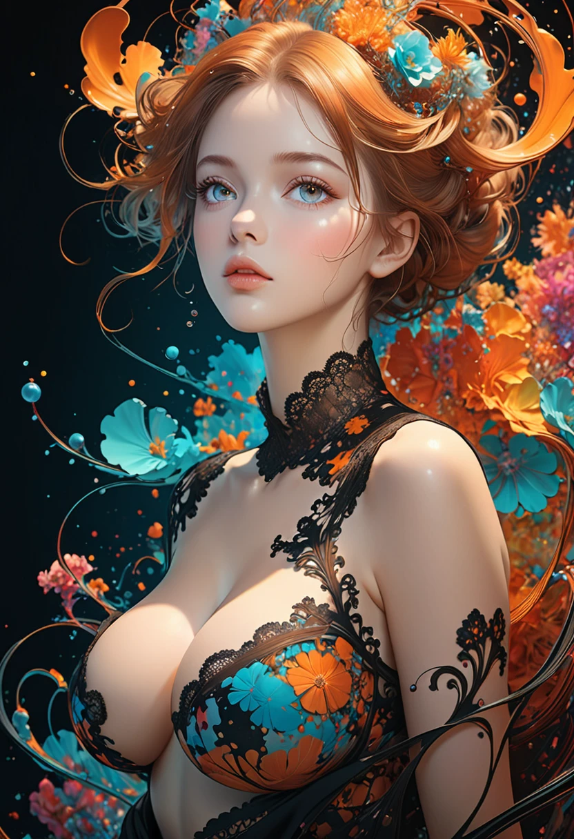 Sacred Death,best quality,number,extremely Smooth,body fluid,3D Fractals,Light Particles,Dreamy,Smooth,sparkling,Dreamy glow,Alberto Seveso (Alberto Seveso) Concept Art,Anna Dittmann,arthur rackham,of color schemes,32K,Wet black and orange color inks line art Dreamy female portrait with lot of lace filigrees on black canvas illustration described in the perfect fractal style of Vassily Kandinsky,by Jackson Pollock,Alphonse Mucha and Jeremy Mann,Headquarters,4K modifier:4K 3D,
(look at the audience with eyes:2),(Perfect breasts:2),