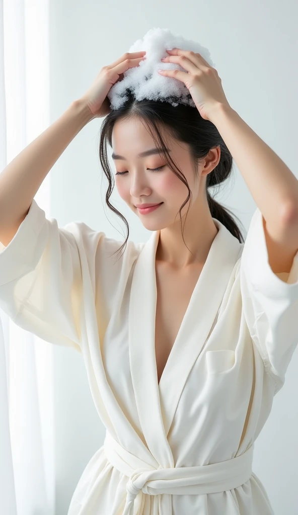 Create an Asian beauty,Regular facial features,Wearing a white satin bathrobe,Scratch your scalp with both hands,Two hands washing hair on top of head,There is a lot of foam and water on the head,Foam wrap head,Real bubbles,Open your eyes,The expression is happy,Upper Body,The characters are realistic and realistic,Pure white background,Character front position,9:16 frames,Ultra-high-definition picture quality