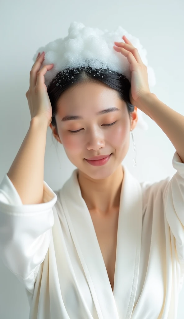 Create an Asian beauty,Regular facial features,Wearing a white satin bathrobe,Scratch your scalp with both hands,Two hands washing hair on top of head,There is a lot of foam and water on the head,Foam wrap head,Real bubbles,Open your eyes,The expression is happy,Upper Body,The characters are realistic and realistic,Pure white background,Character front position,9:16 frames,Ultra-high-definition picture quality