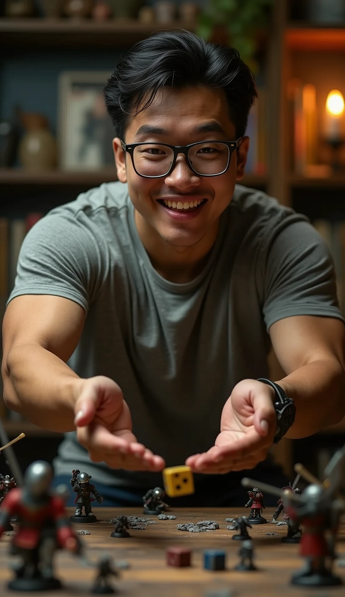 photorealistic, best quality, masterpiece, extremely detailed, front view, extremely handsome, 30 year old indonesian man, muscular build, no facial hair, small glasses, wearing nerdy tshirt, huge smile, throws dice while standing, warhammer miniatures on the table, extremely romantic atmosphere, perfect face, perfect fingers, perfect hands, perfection