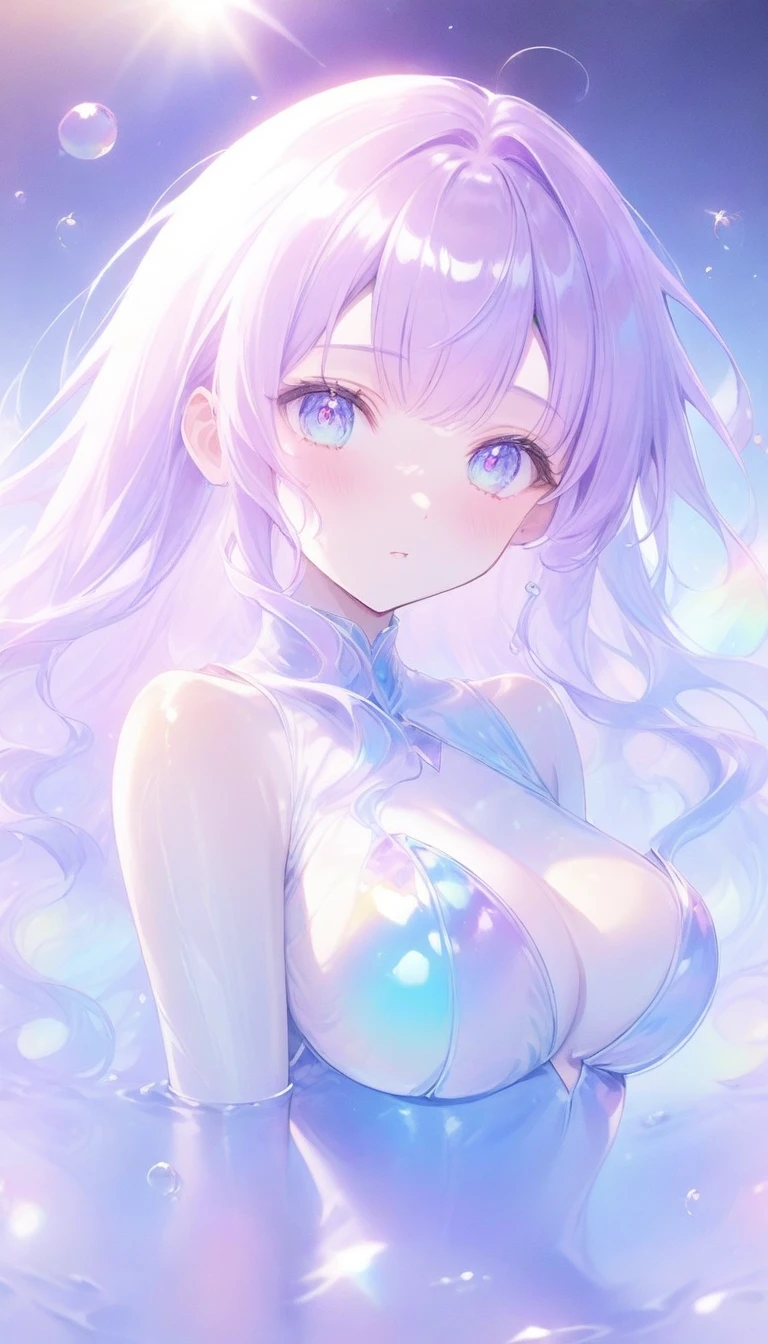 Super detailed, 8K, bubble, Right blue water, nice, bright, pretty girl, tall and has a large bust/dark blue eyes/sparkling Eyes/purple hair/Hime Cut/long hair, under the water, shiny glossy iridescent clothes, shiny reflective clothes, pastel, lens Flare, soft gradient　