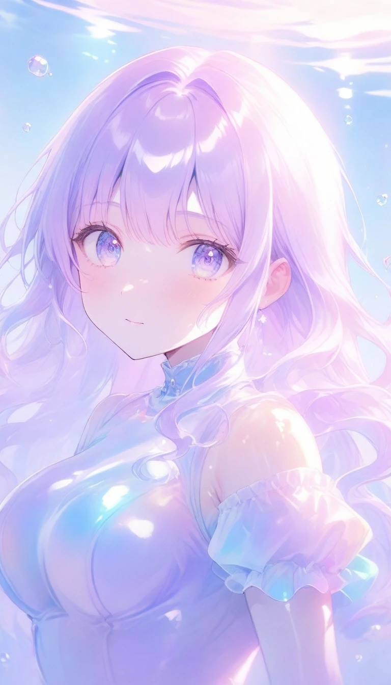 Super detailed, 8K, bubble, Right blue water, nice, bright, pretty girl, tall and has a large bust/dark blue eyes/sparkling Eyes/purple hair/Hime Cut/long hair, under the water, shiny glossy iridescent clothes, shiny reflective clothes, pastel, lens Flare, soft gradient　