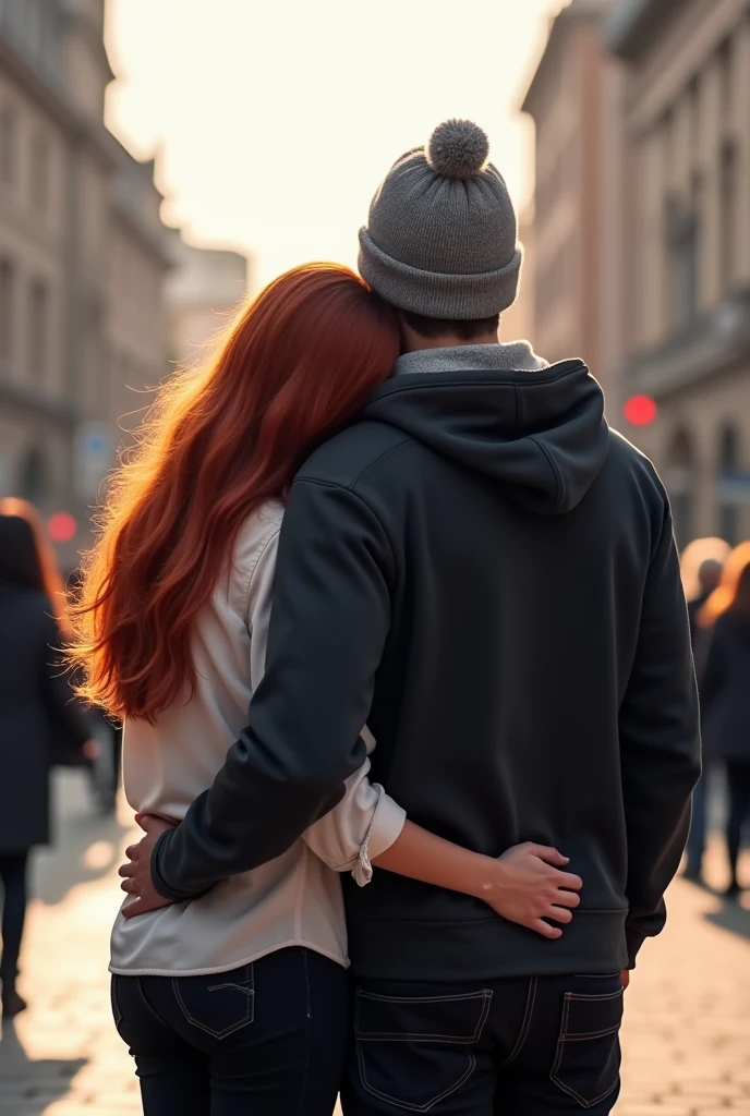 Two young lovers with their backs turned, not showing their faces.
Young woman with long, wavy red hair wearing a white shirt., black pants leaning on the shoulder of a young man with a gray winter hat, black sweatshirt and black pants at Pariser Platz Berlin 