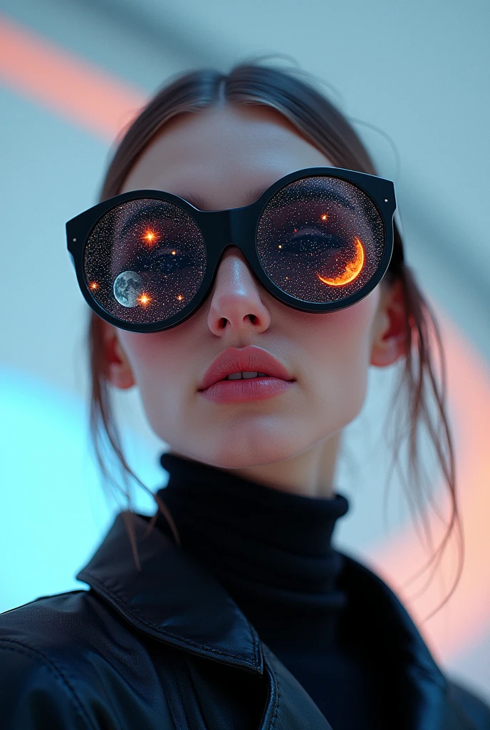 The model is wearing glass sunglasses with stars and the moon on the glass